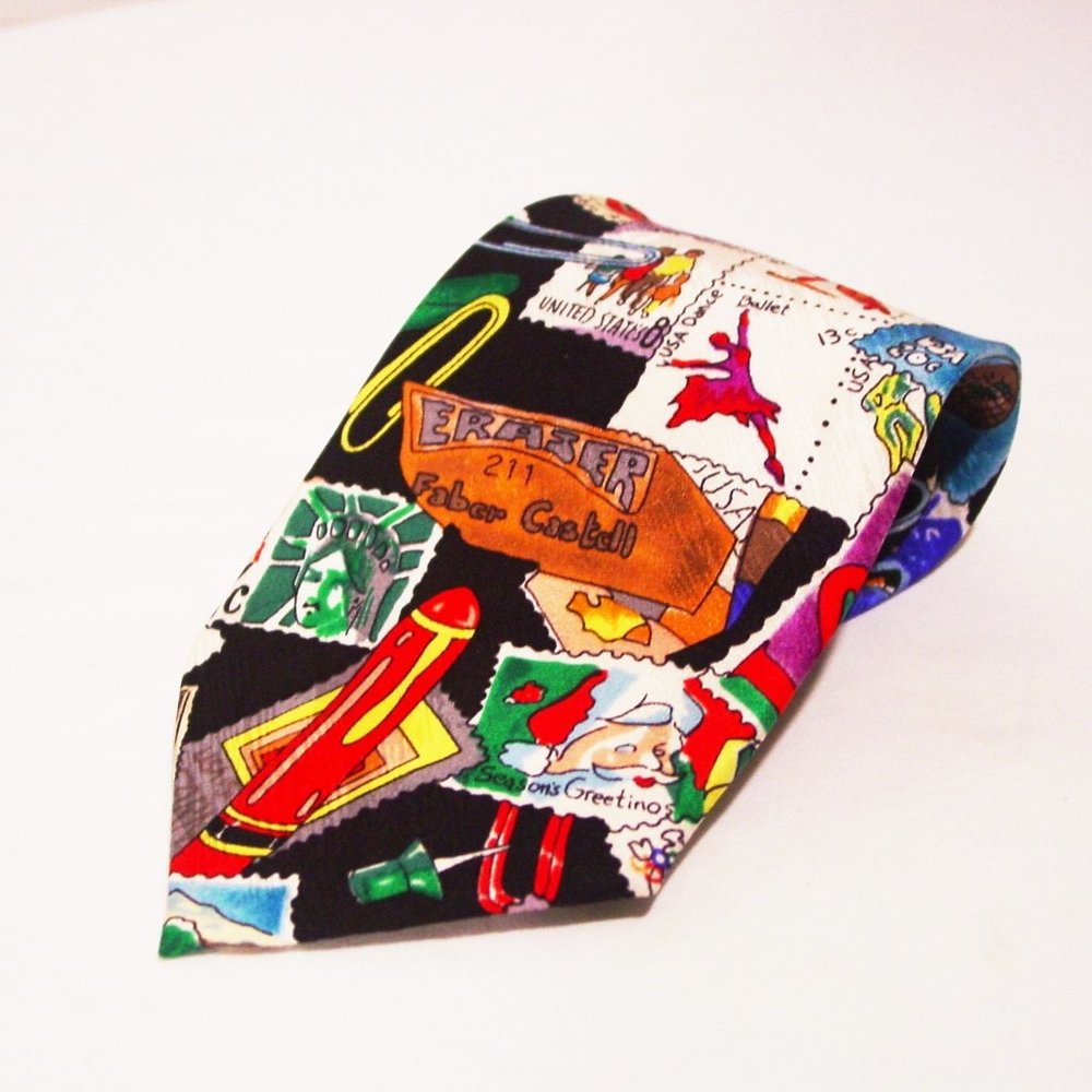 Nicole Miller Vintage USA Souvenir Postage Stamp Silk Tie 1990